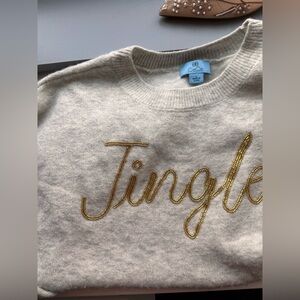 CeCe “Jingle” Cream Knit Sweater Gold Beaded Logo – Size L